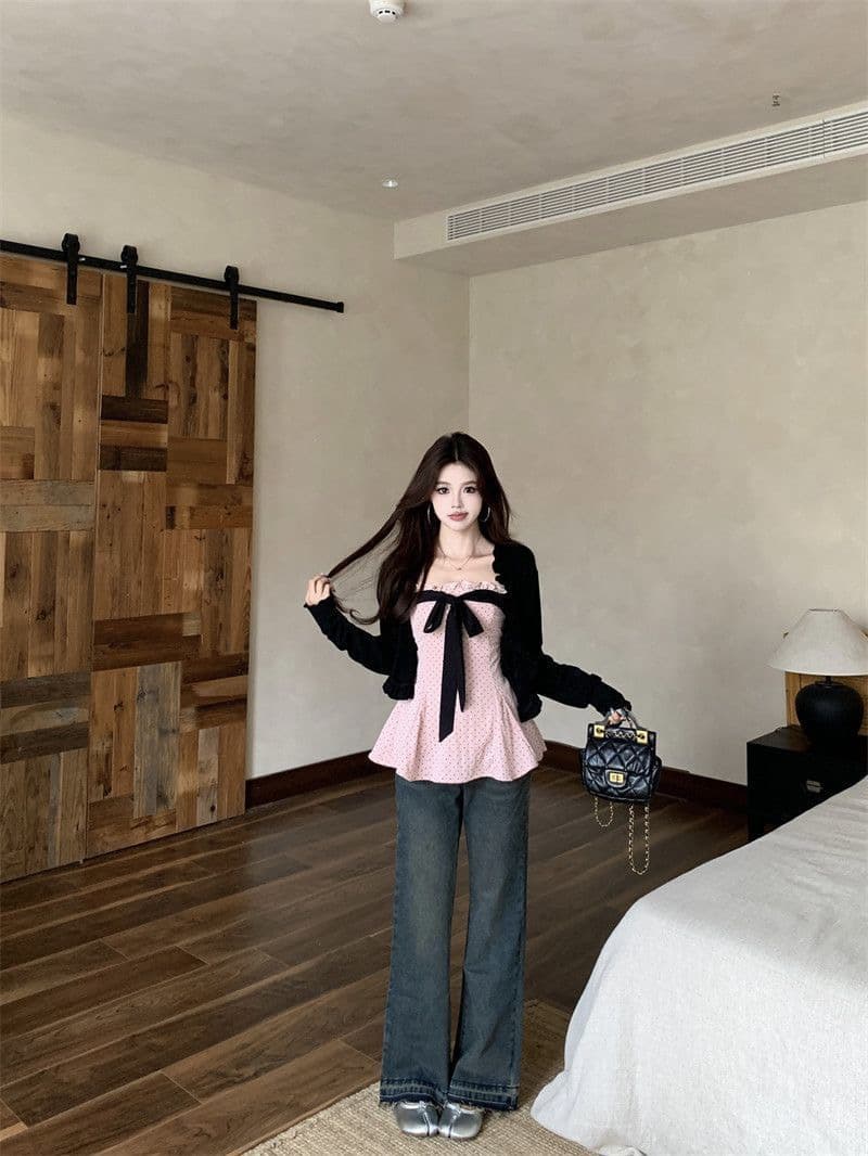 빅 사이즈 지방 mm 달콤함 소녀 바람 도트 무늬 나비 매듭 튜브탑 맨위 두 조각 여성 세트 봄 새로운 달콤한 부서 세트 상세 이미지 11