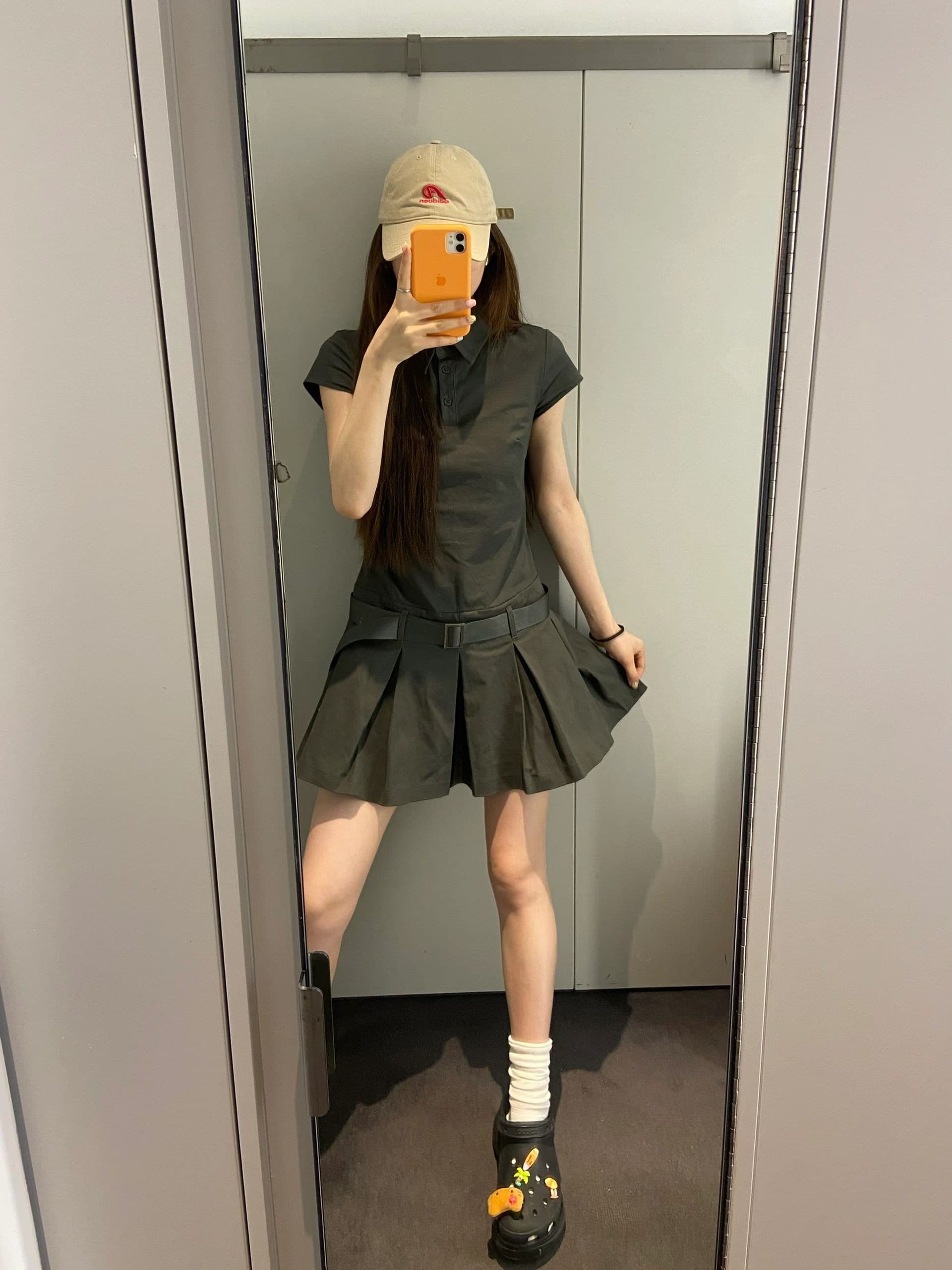 아메리칸 소금 부서 워크웨어 바람 polo 폴로 칼라 셔츠 드레스 여름 새로운 회색 플리츠 미니 스커트 작은 아이들