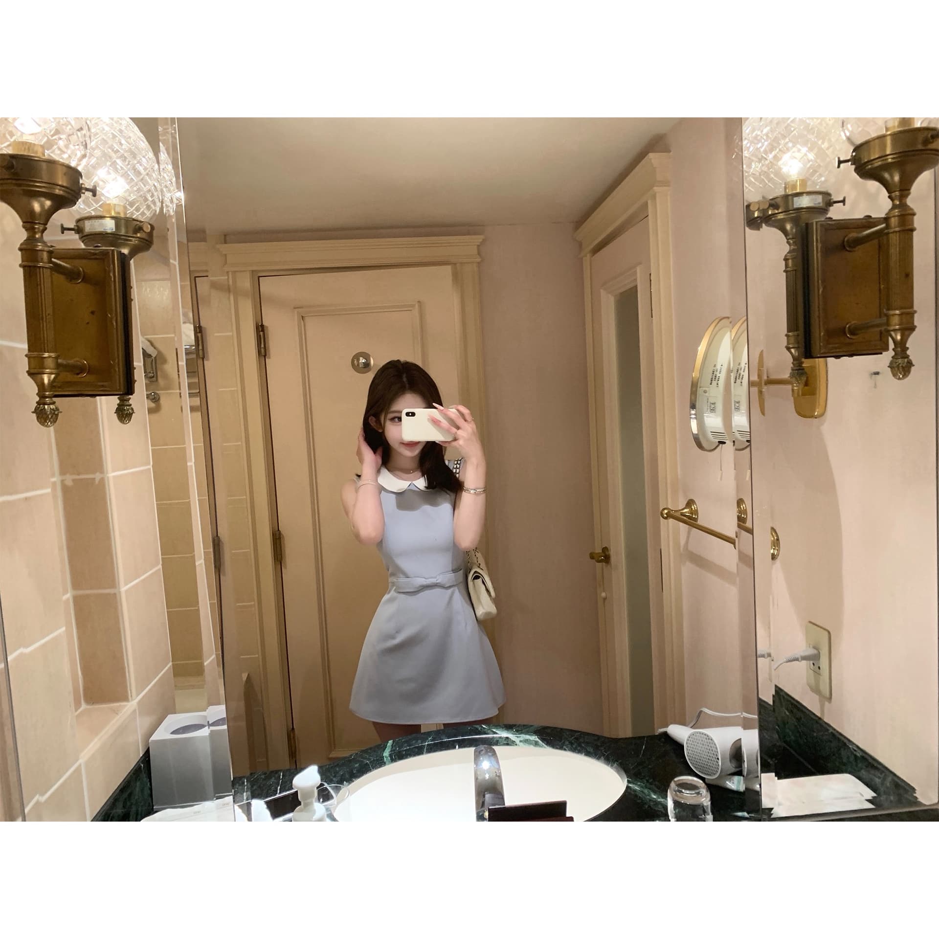일상 다용도 파란색 베이비 칼라 민소매 조끼 여성 드레스 허리 수축 슬림해 보이는 A라인 스커트 품격 달콤함 미니 스커트 이미지 3