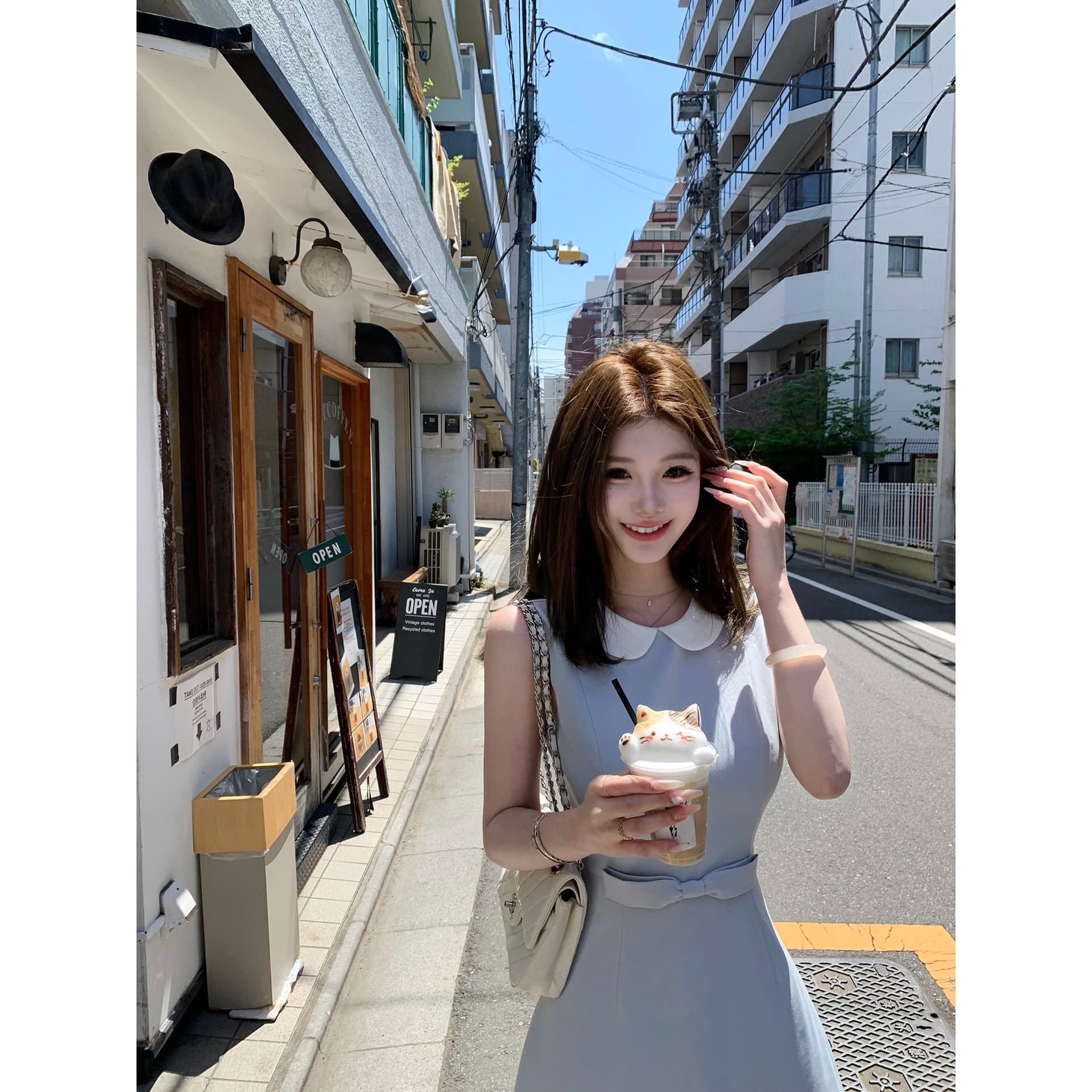 일상 다용도 파란색 베이비 칼라 민소매 조끼 여성 드레스 허리 수축 슬림해 보이는 A라인 스커트 품격 달콤함 미니 스커트 상세 이미지 2