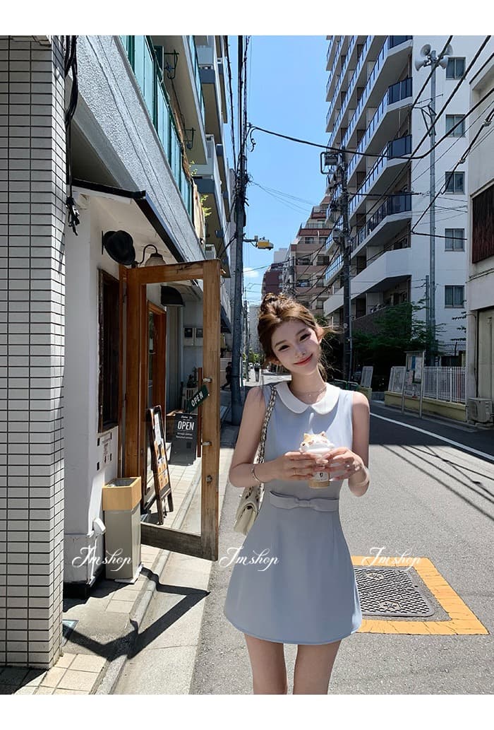 일상 다용도 파란색 베이비 칼라 민소매 조끼 여성 드레스 허리 수축 슬림해 보이는 A라인 스커트 품격 달콤함 미니 스커트 상세 이미지 5