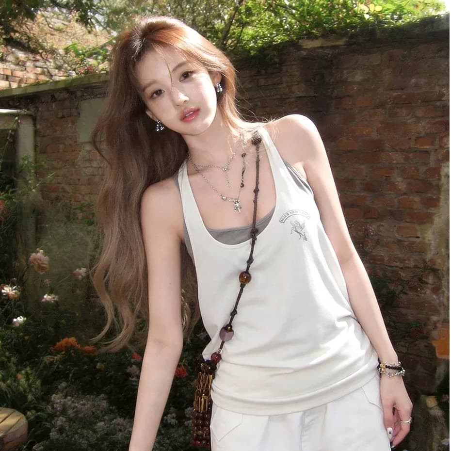 패치 워크 계층의 감각 스택 착용 사실 두 조각 캐미솔 여름 외출용 디자인 루즈핏 슬림해 보이는 민소매 어깨 맨위 이미지 4