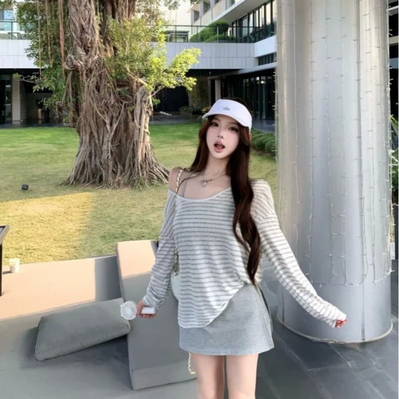 라이 경기 서울 주간 실크 눈꽃 여름 새로운 다용도 루즈핏 느긋한 비스듬한 어깨 긴팔 티셔츠 맨위 이미지 5