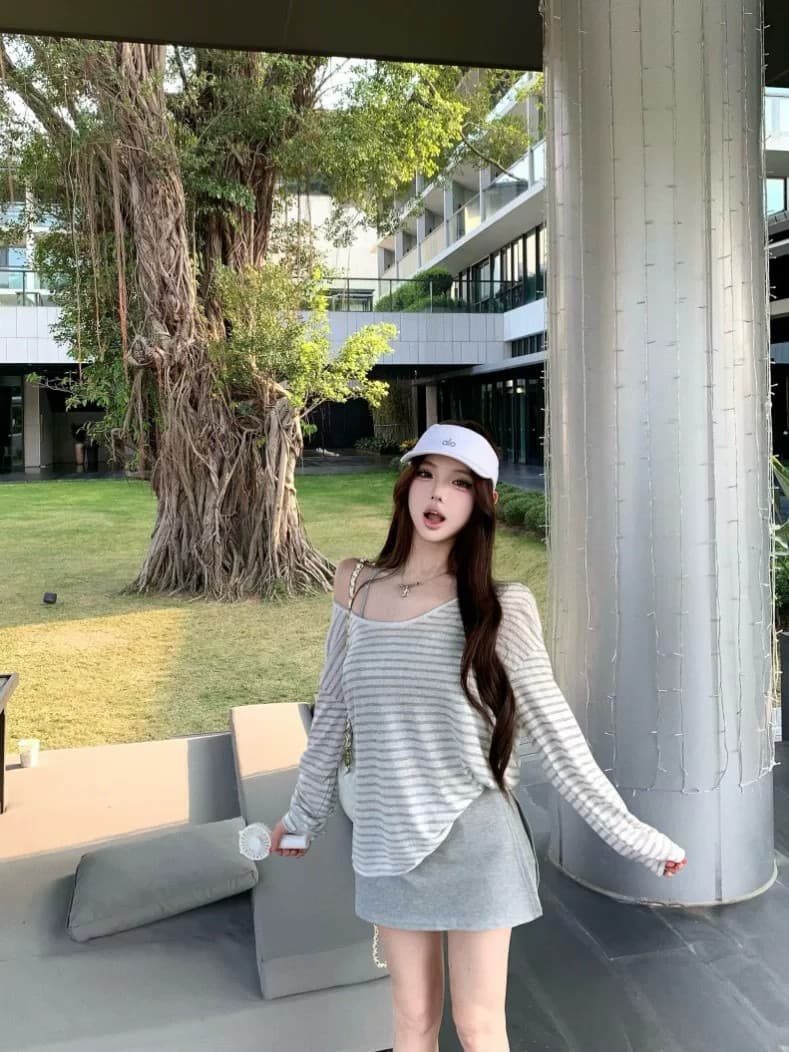 라이 경기 서울 주간 실크 눈꽃 여름 새로운 다용도 루즈핏 느긋한 비스듬한 어깨 긴팔 티셔츠 맨위 상세 이미지 6