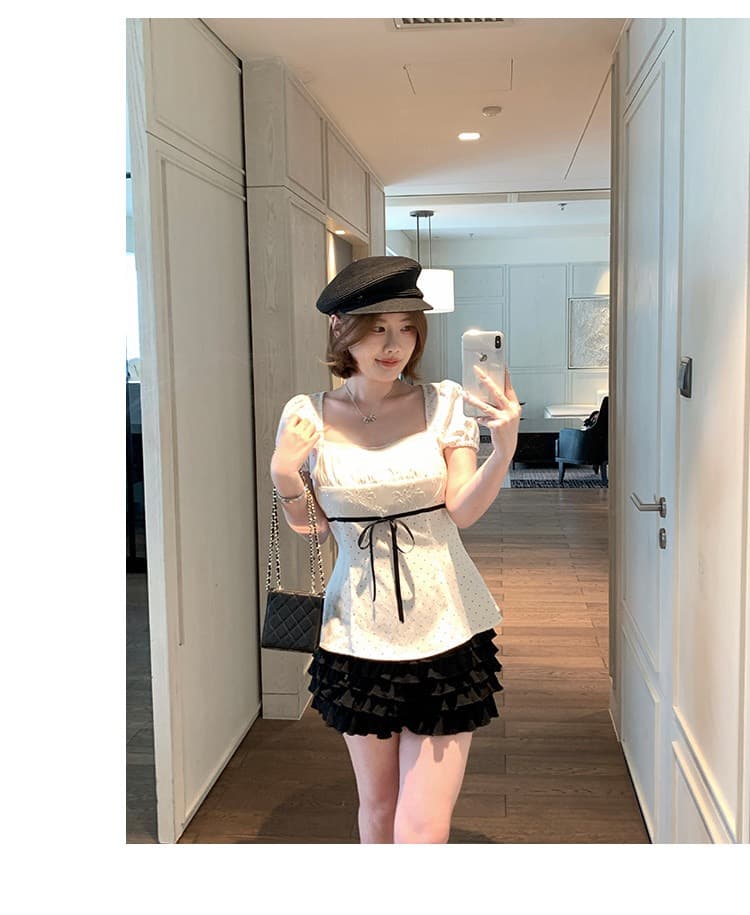와인 심장 마이크로 지방 맞춤 달콤한 꿈 일 광장 달콤함 소녀 센스 도트 무늬 긍정적 인 어깨 거품 소매 슬림해 보이는 맨위 여성 이미지 2