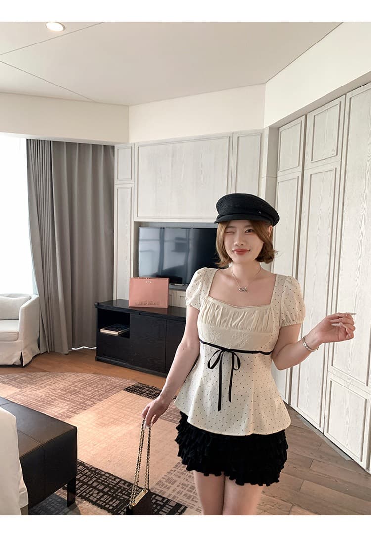 와인 심장 마이크로 지방 맞춤 달콤한 꿈 일 광장 달콤함 소녀 센스 도트 무늬 긍정적 인 어깨 거품 소매 슬림해 보이는 맨위 여성 이미지 4