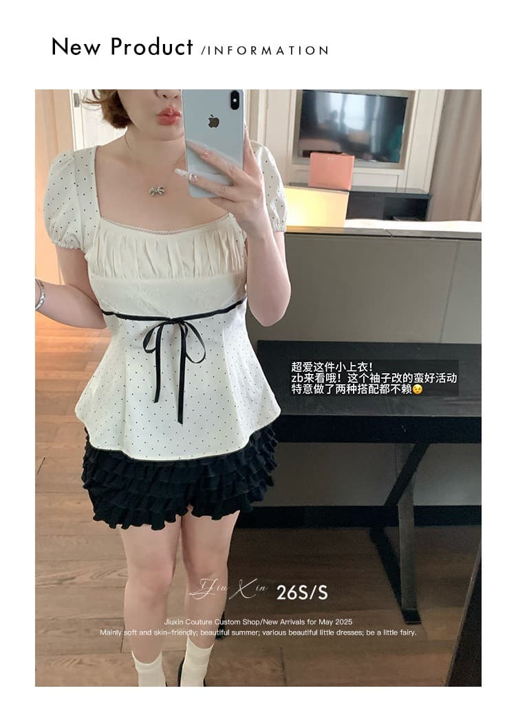 와인 심장 마이크로 지방 맞춤 달콤한 꿈 일 광장 달콤함 소녀 센스 도트 무늬 긍정적 인 어깨 거품 소매 슬림해 보이는 맨위 여성 상세 이미지 4