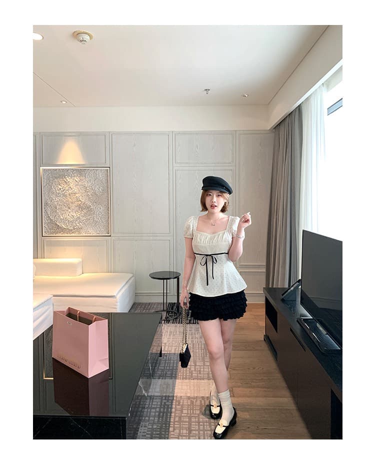와인 심장 마이크로 지방 맞춤 달콤한 꿈 일 광장 달콤함 소녀 센스 도트 무늬 긍정적 인 어깨 거품 소매 슬림해 보이는 맨위 여성 상세 이미지 8