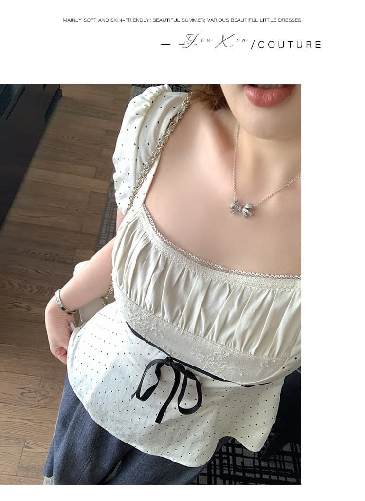 와인 심장 마이크로 지방 맞춤 달콤한 꿈 일 광장 달콤함 소녀 센스 도트 무늬 긍정적 인 어깨 거품 소매 슬림해 보이는 맨위 여성 상세 이미지 11