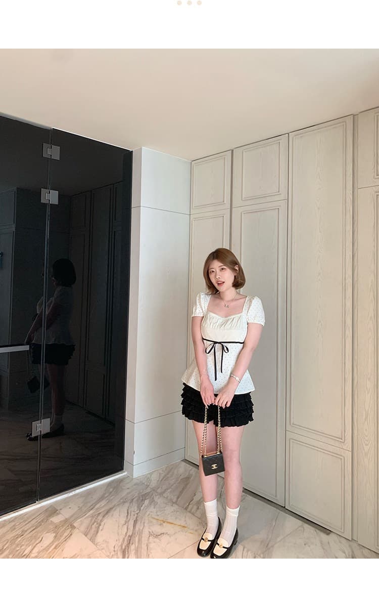 와인 심장 마이크로 지방 맞춤 달콤한 꿈 일 광장 달콤함 소녀 센스 도트 무늬 긍정적 인 어깨 거품 소매 슬림해 보이는 맨위 여성 상세 이미지 12