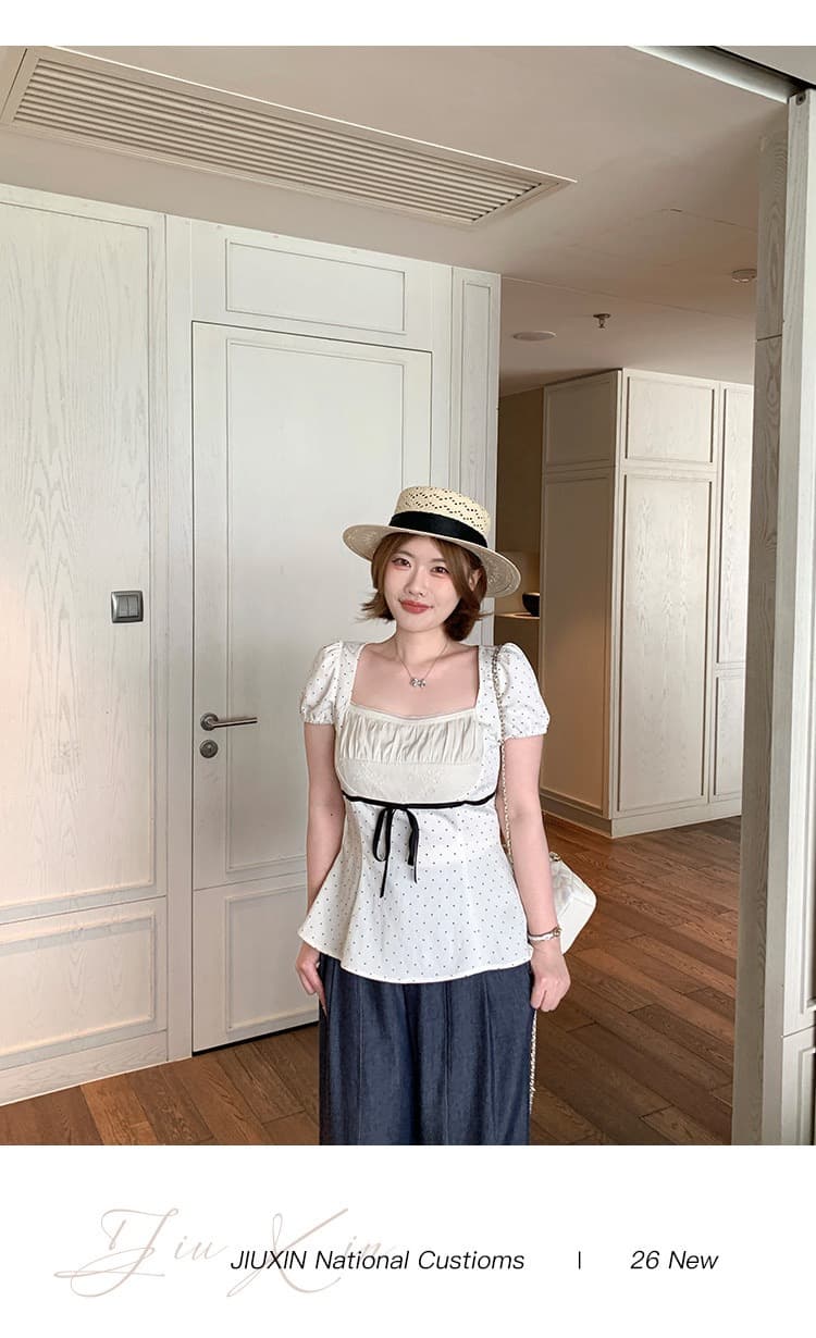 와인 심장 마이크로 지방 맞춤 달콤한 꿈 일 광장 달콤함 소녀 센스 도트 무늬 긍정적 인 어깨 거품 소매 슬림해 보이는 맨위 여성 상세 이미지 17