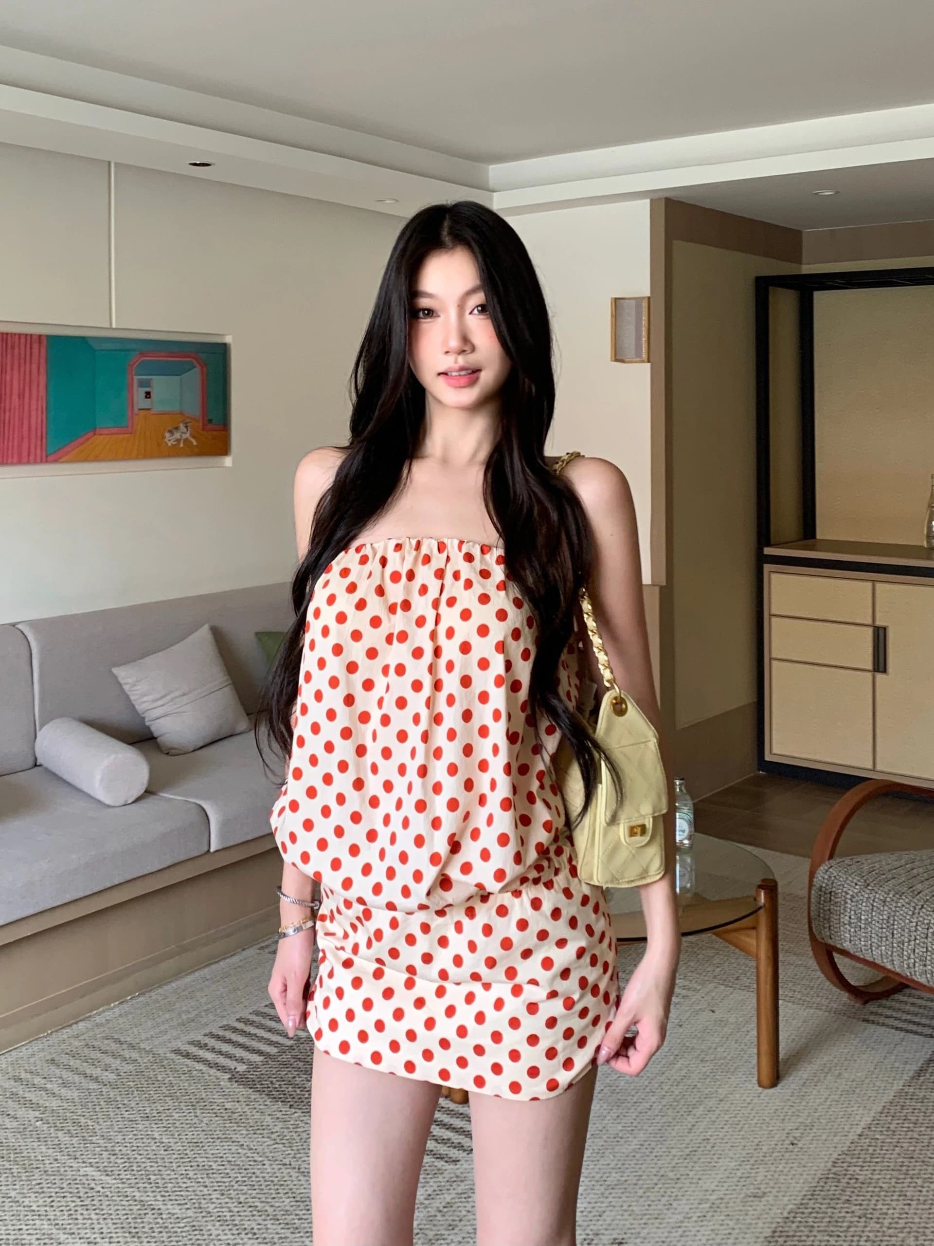 순수한 욕망 바람 빨간색 도트 무늬 튜브탑 여성 드레스 여름 몸매 가꾸기 주름 허리 수축 타이트 스커트 섹시함 핫걸 미니 스커트 상세 이미지 4