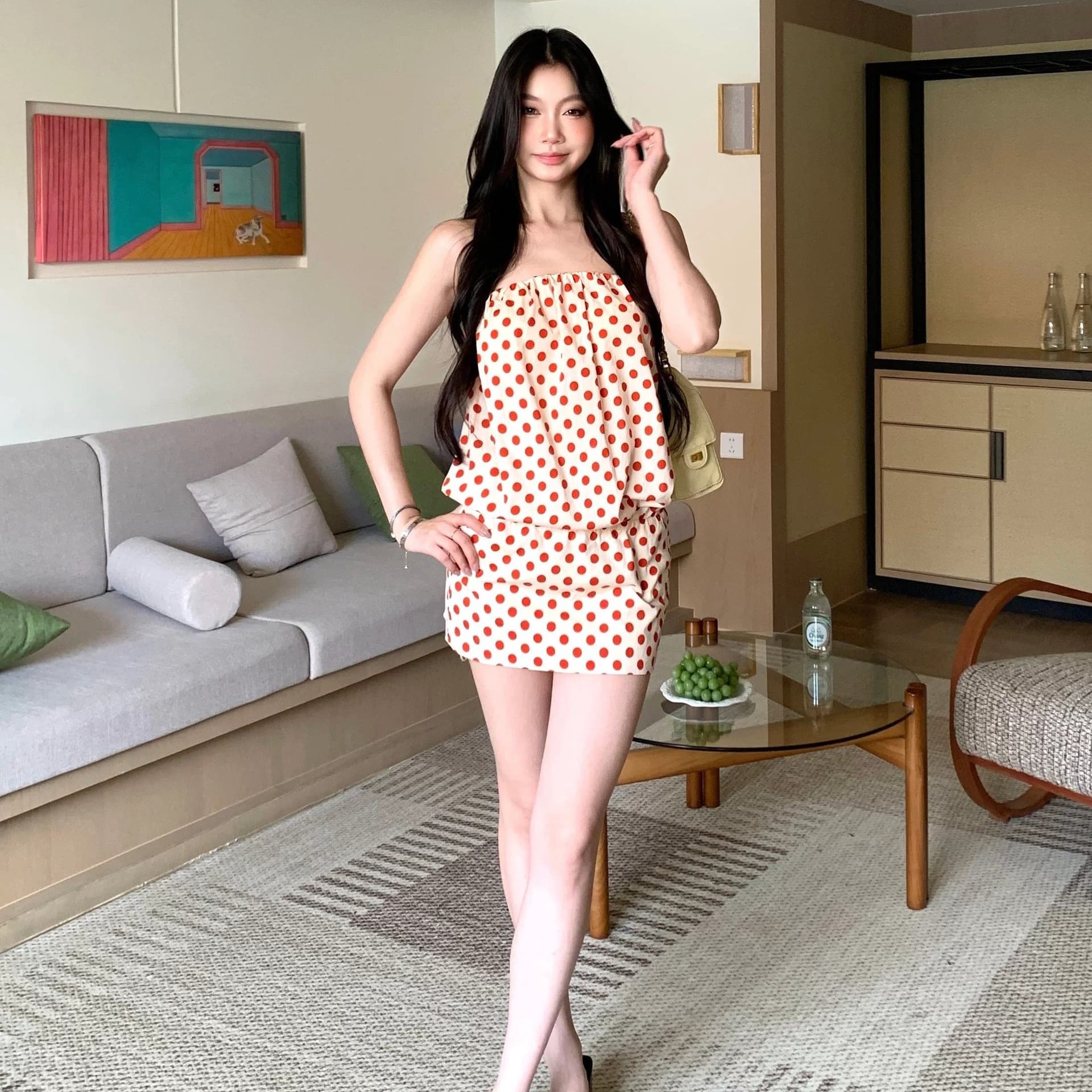 순수한 욕망 바람 빨간색 도트 무늬 튜브탑 여성 드레스 여름 몸매 가꾸기 주름 허리 수축 타이트 스커트 섹시함 핫걸 미니 스커트 상세 이미지 5