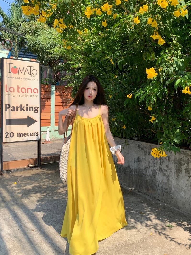 해변가 휴가 섹시함 백리스 슬립 여성 드레스 여름 새로운 루즈핏 A라인 스커트 부드러운 황색 길다 치마 이미지 3