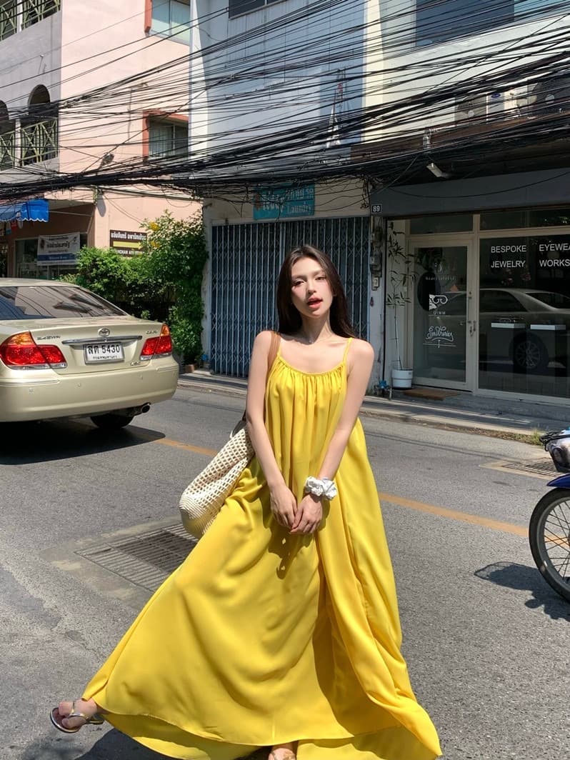 해변가 휴가 섹시함 백리스 슬립 여성 드레스 여름 새로운 루즈핏 A라인 스커트 부드러운 황색 길다 치마