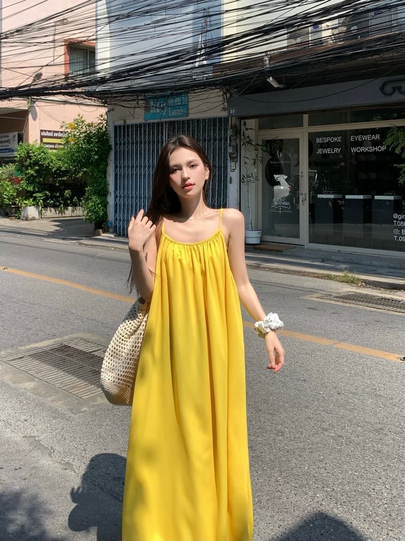 해변가 휴가 섹시함 백리스 슬립 여성 드레스 여름 새로운 루즈핏 A라인 스커트 부드러운 황색 길다 치마 이미지 4