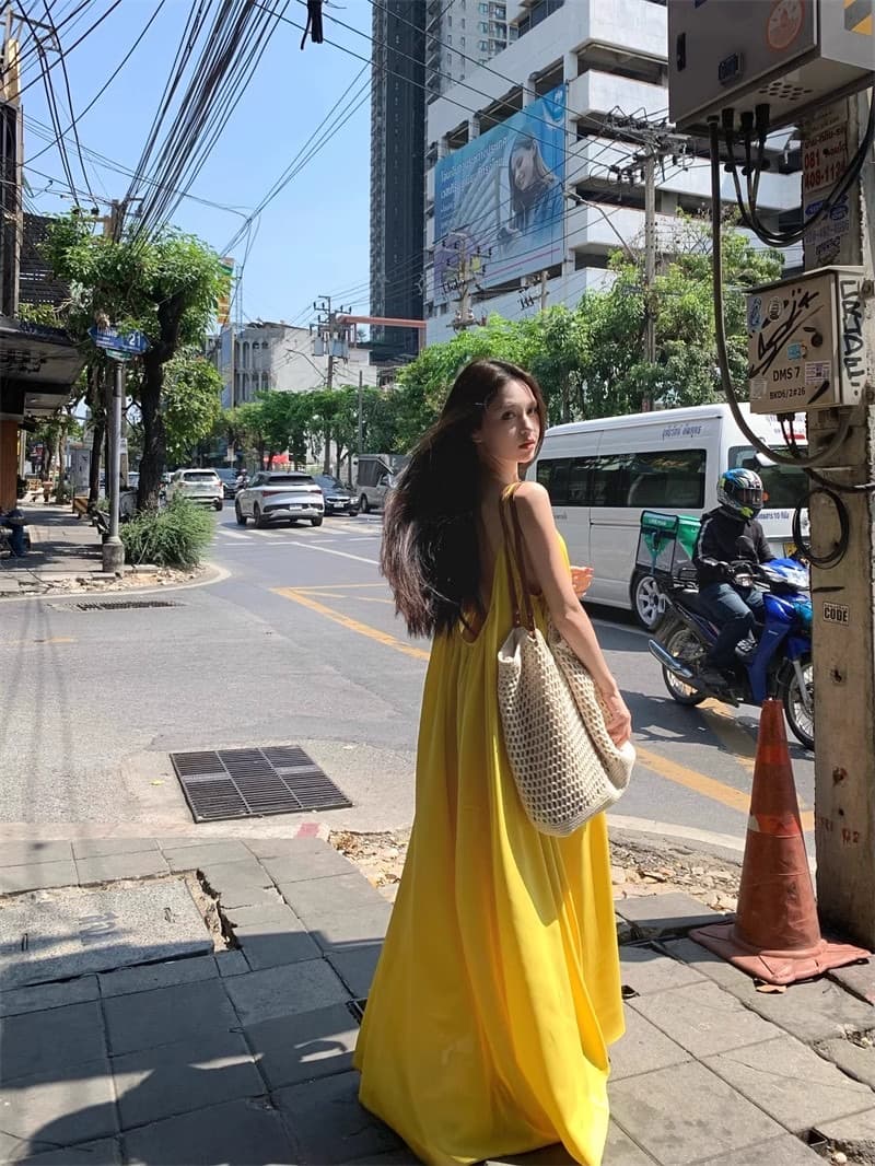 해변가 휴가 섹시함 백리스 슬립 여성 드레스 여름 새로운 루즈핏 A라인 스커트 부드러운 황색 길다 치마 상세 이미지 2