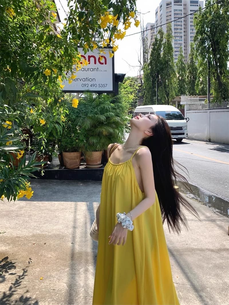 해변가 휴가 섹시함 백리스 슬립 여성 드레스 여름 새로운 루즈핏 A라인 스커트 부드러운 황색 길다 치마 상세 이미지 3