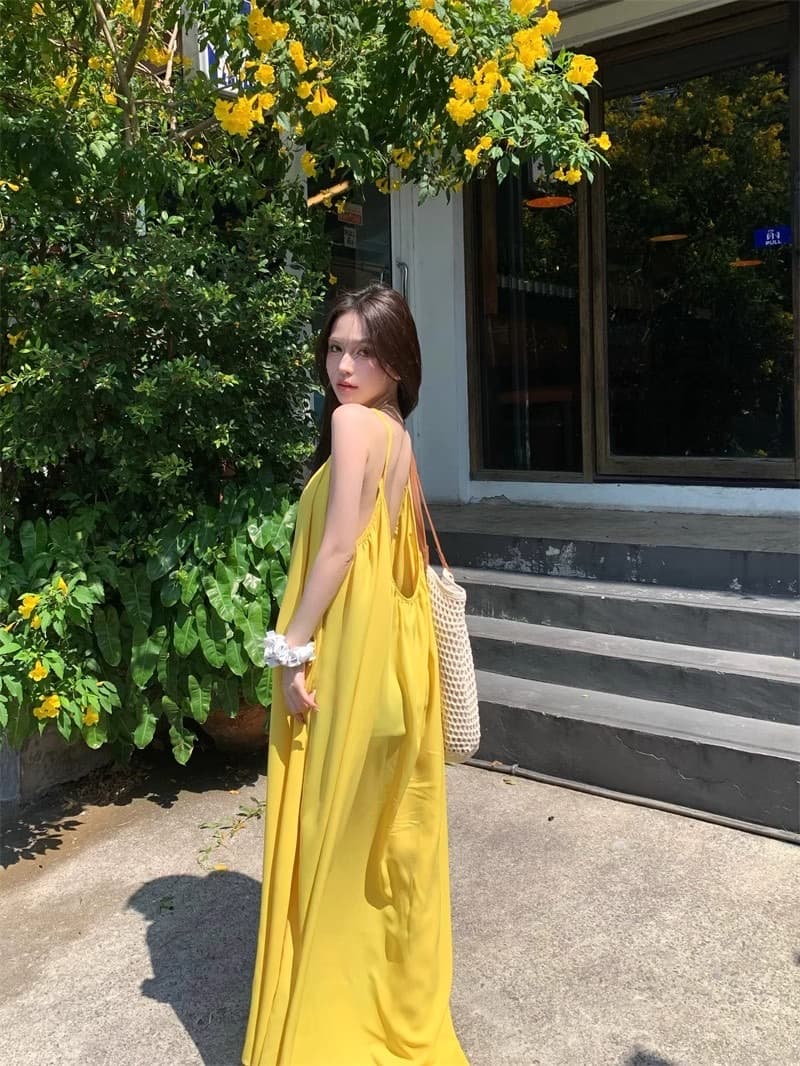 해변가 휴가 섹시함 백리스 슬립 여성 드레스 여름 새로운 루즈핏 A라인 스커트 부드러운 황색 길다 치마 상세 이미지 7