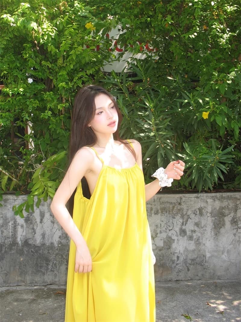 해변가 휴가 섹시함 백리스 슬립 여성 드레스 여름 새로운 루즈핏 A라인 스커트 부드러운 황색 길다 치마 상세 이미지 11