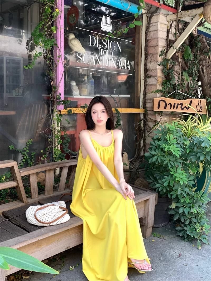 해변가 휴가 섹시함 백리스 슬립 여성 드레스 여름 새로운 루즈핏 A라인 스커트 부드러운 황색 길다 치마 상세 이미지 12
