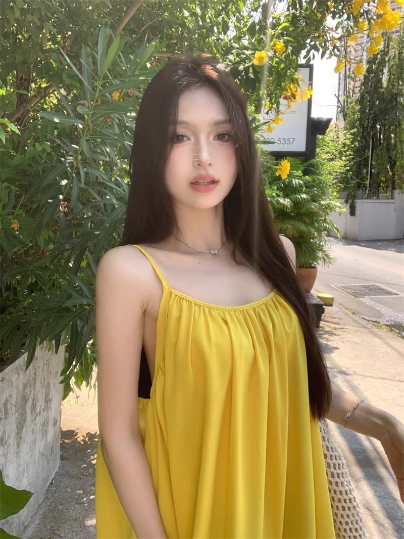 해변가 휴가 섹시함 백리스 슬립 여성 드레스 여름 새로운 루즈핏 A라인 스커트 부드러운 황색 길다 치마 상세 이미지 13
