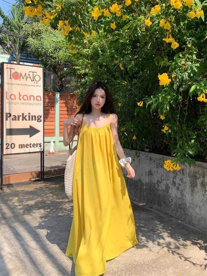 해변가 휴가 섹시함 백리스 슬립 여성 드레스 여름 새로운 루즈핏 A라인 스커트 부드러운 황색 길다 치마 상세 이미지 14