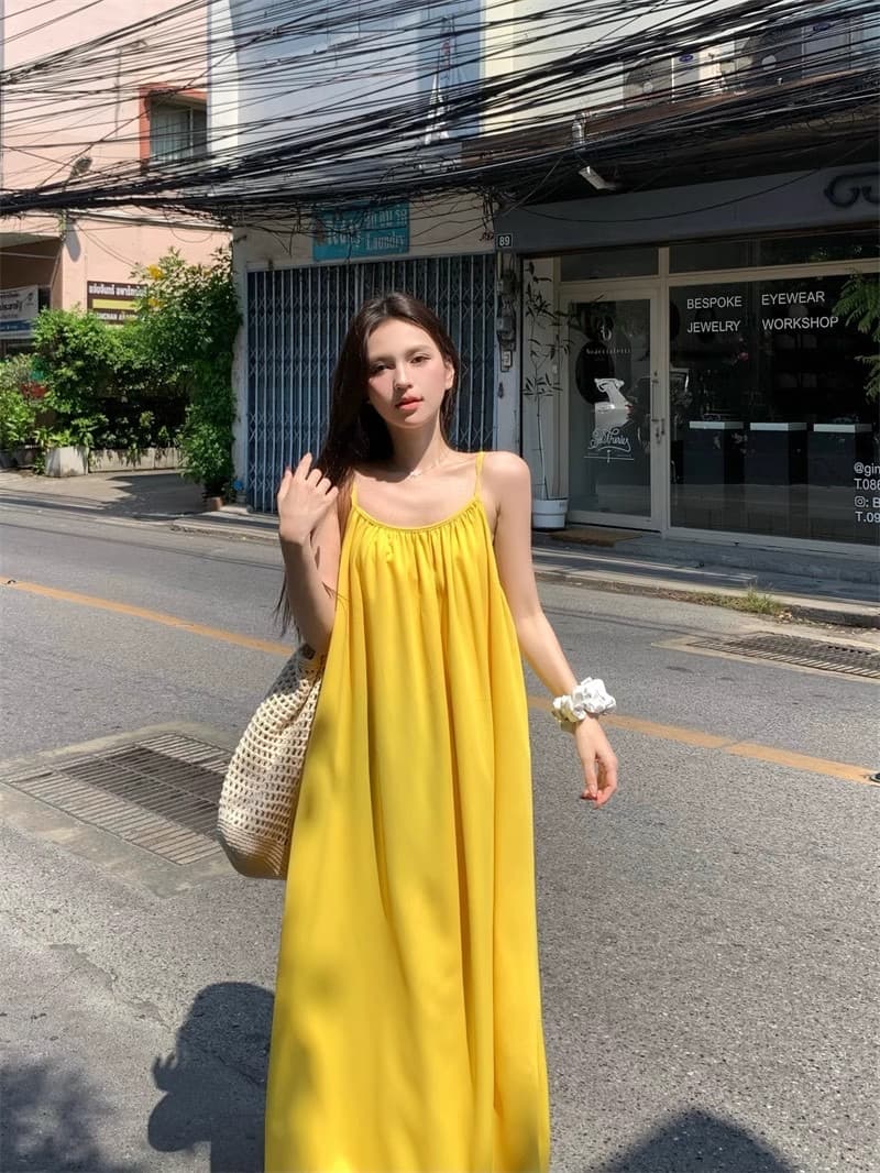 해변가 휴가 섹시함 백리스 슬립 여성 드레스 여름 새로운 루즈핏 A라인 스커트 부드러운 황색 길다 치마 상세 이미지 16