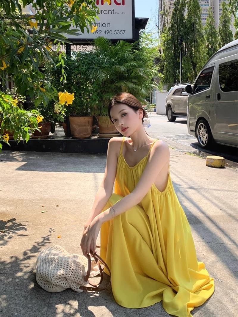 해변가 휴가 섹시함 백리스 슬립 여성 드레스 여름 새로운 루즈핏 A라인 스커트 부드러운 황색 길다 치마 상세 이미지 18