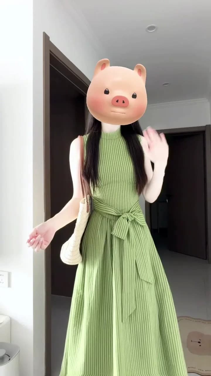 프랑스식 부드러운 바람 녹색 스트라이프 민소매 조끼 원피스 2026 여름 단순한 관대 한 꼬집기 허리 한 마디 작은 치마 상세 이미지 2