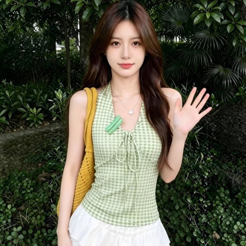 1 1 라이 우아한 260 그램 행침 목 레이스업 캐미솔 여름 새로운 순수한 욕망 핫걸 바람 몸매 가꾸기 슬림해 보이는 맨위 이미지 5