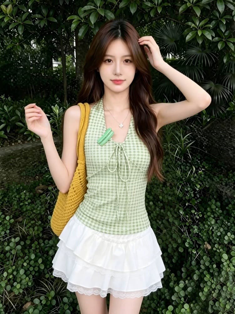 1 1 라이 우아한 260 그램 행침 목 레이스업 캐미솔 여름 새로운 순수한 욕망 핫걸 바람 몸매 가꾸기 슬림해 보이는 맨위 상세 이미지 7