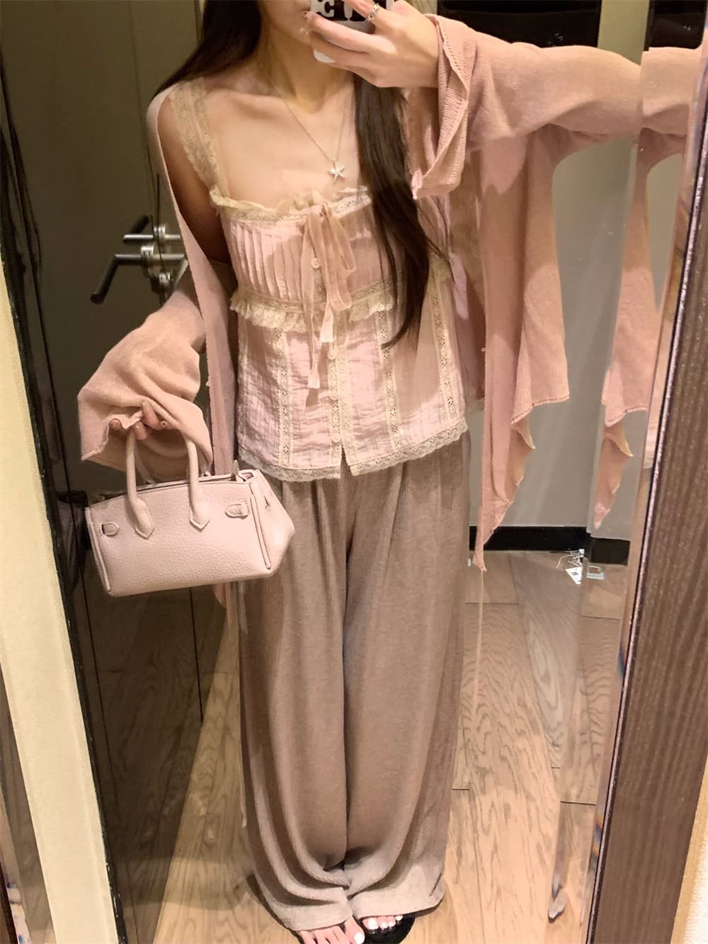 빅 사이즈 지방 mm 한 부서 연령 감소 레이스 레이스업 캐미솔 봄 새로운 긴팔 오픈 가디건 패션 투피스 슈트 상세 이미지 5