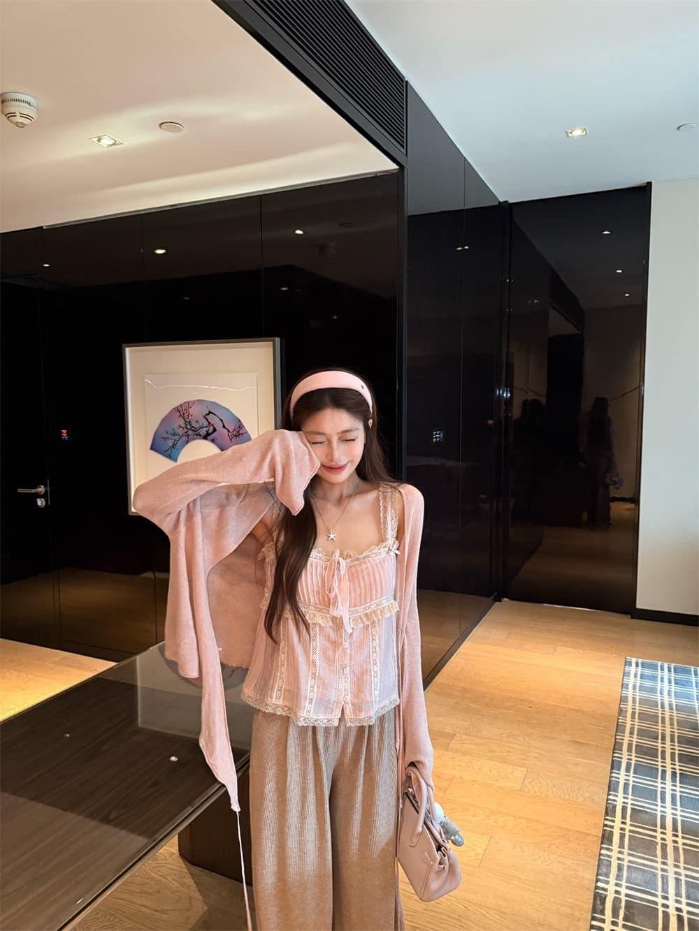 빅 사이즈 지방 mm 한 부서 연령 감소 레이스 레이스업 캐미솔 봄 새로운 긴팔 오픈 가디건 패션 투피스 슈트 상세 이미지 6
