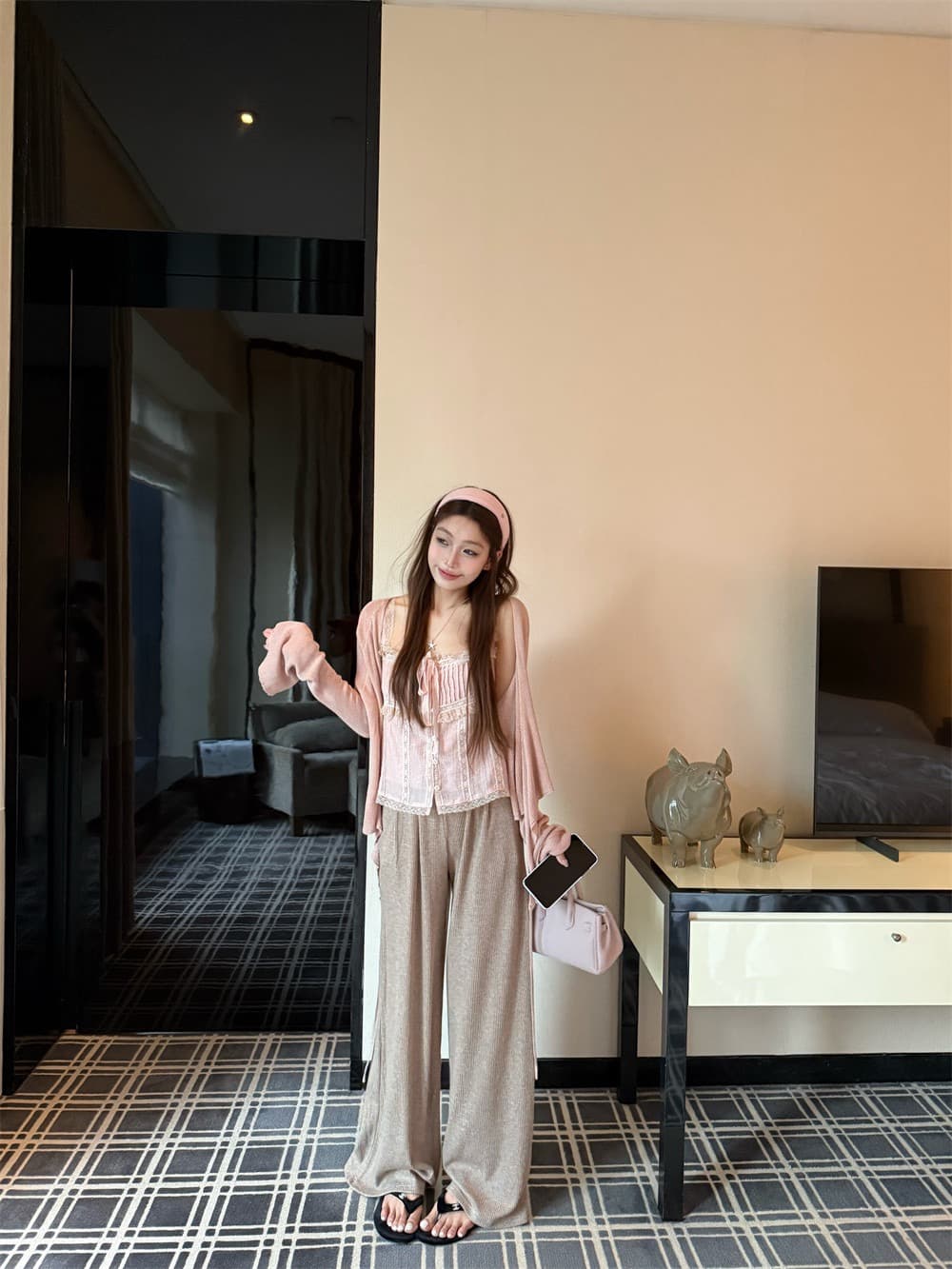 빅 사이즈 지방 mm 한 부서 연령 감소 레이스 레이스업 캐미솔 봄 새로운 긴팔 오픈 가디건 패션 투피스 슈트 상세 이미지 9