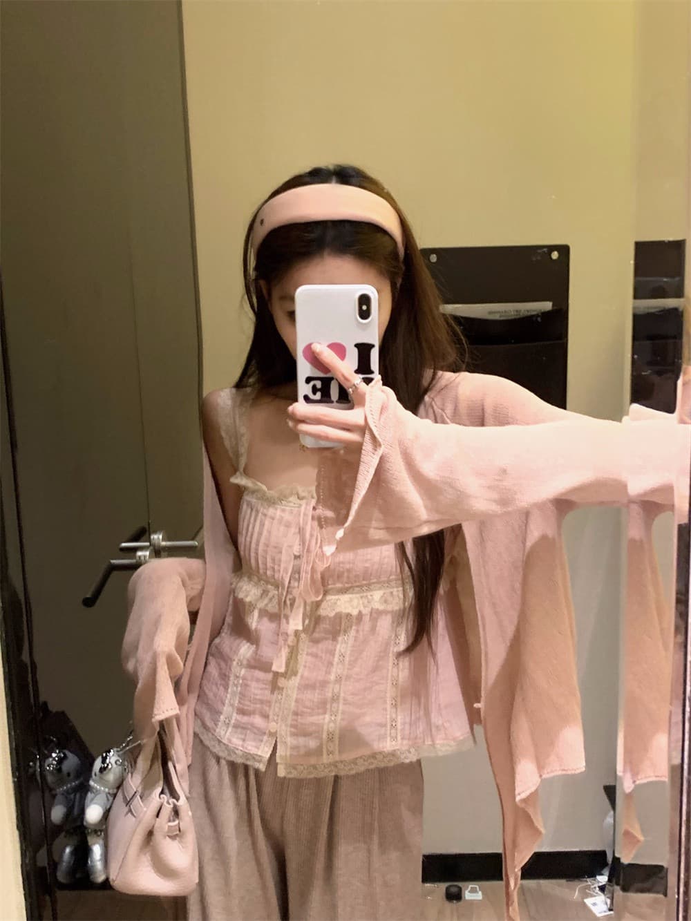 빅 사이즈 지방 mm 한 부서 연령 감소 레이스 레이스업 캐미솔 봄 새로운 긴팔 오픈 가디건 패션 투피스 슈트 상세 이미지 11