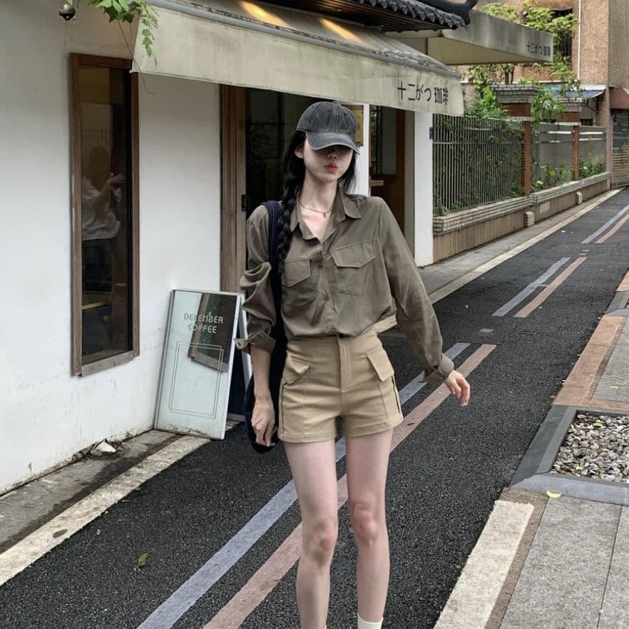 레트로 느긋한 바람 긴팔 POLO 칼라 여성 셔츠 봄 가을 루즈핏 슬림해 보이는 오픈 가디건 셔츠 군용 녹색 다용도 맨위