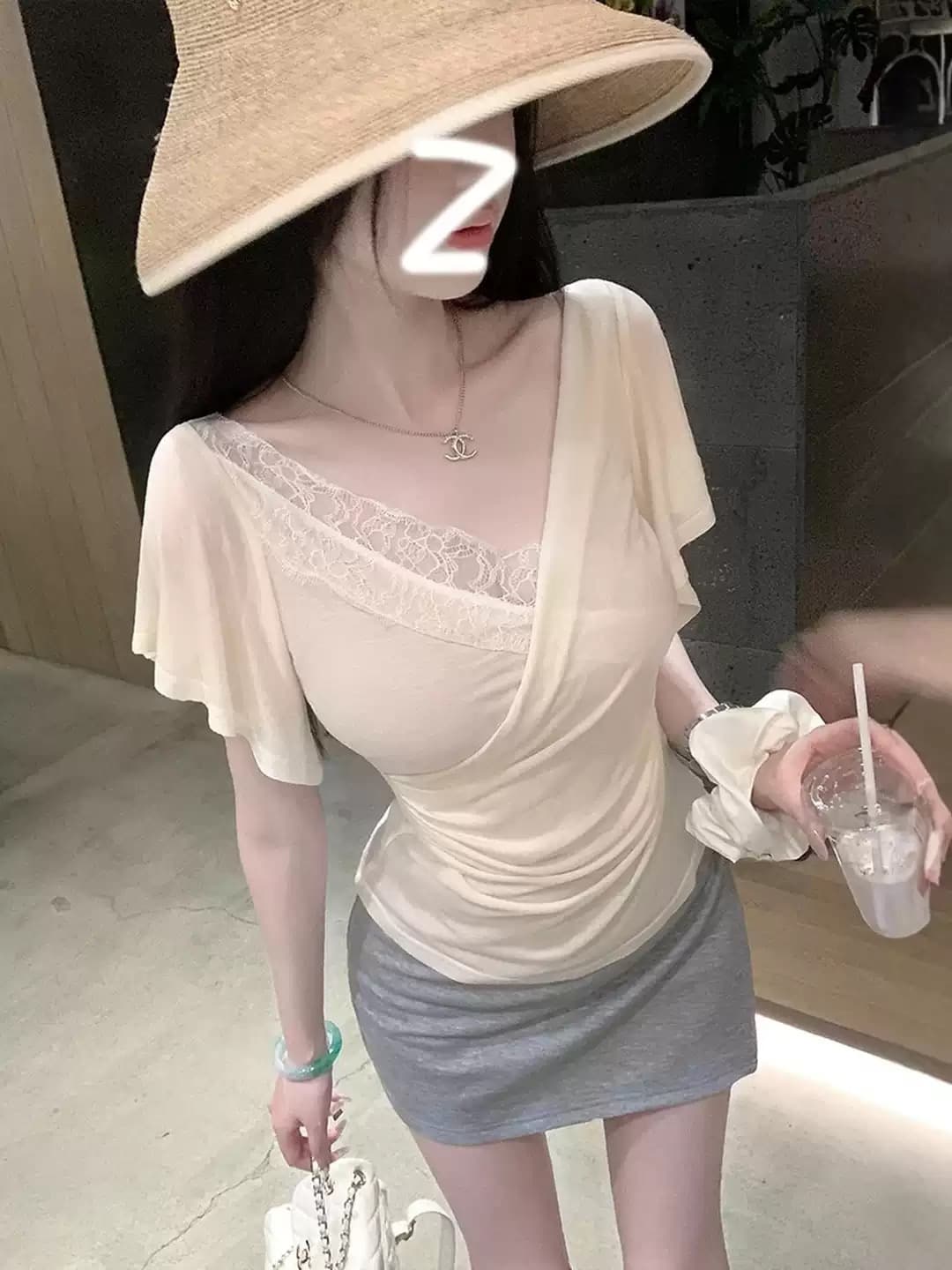 2026 한 부서 순수한 욕망 바람 V넥 레이스 십자가 반팔 티셔츠 여성 여름 새로운 핫걸 몸매 가꾸기 허리 수축 맨위 상세 이미지 5
