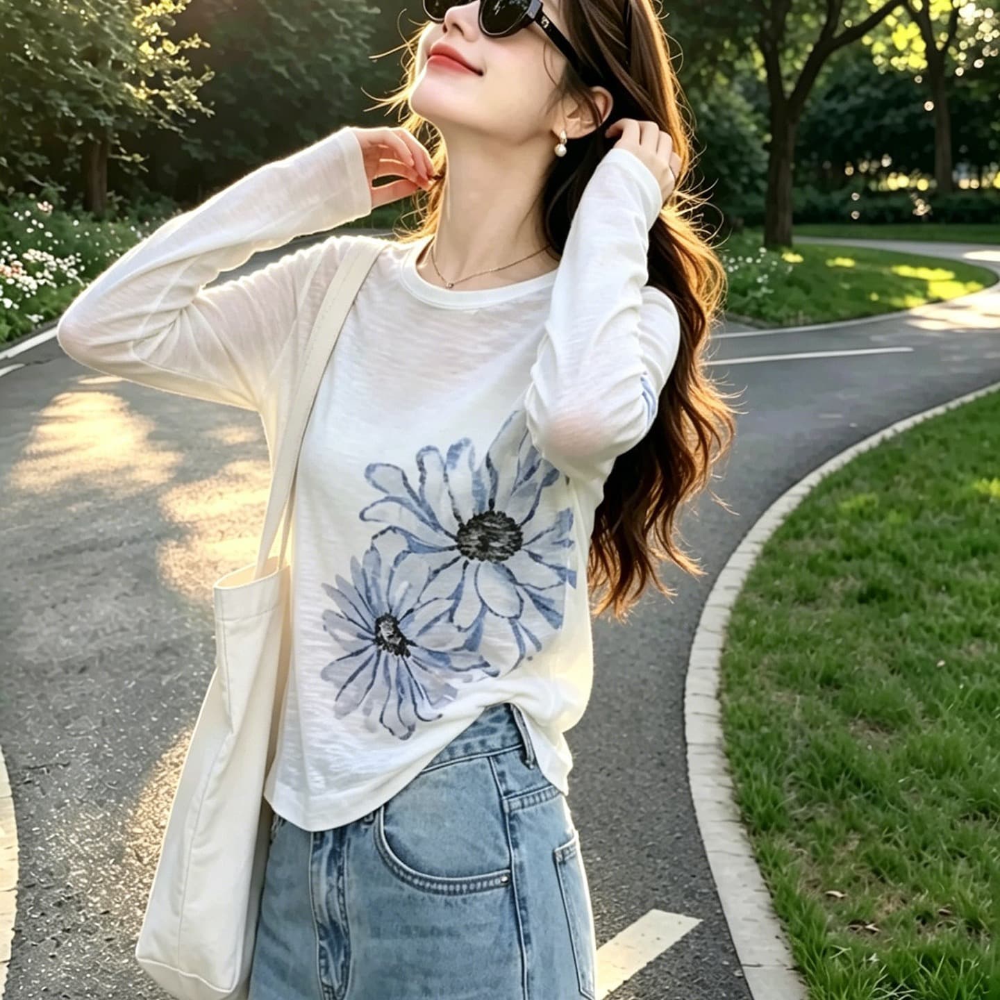 눈꽃 면 꽃 프린트 긴팔 티셔츠 라운드 넥 패션 다용도 캐주얼 루즈핏 캐주얼 블라우스 티셔츠 맨위 이미지 5