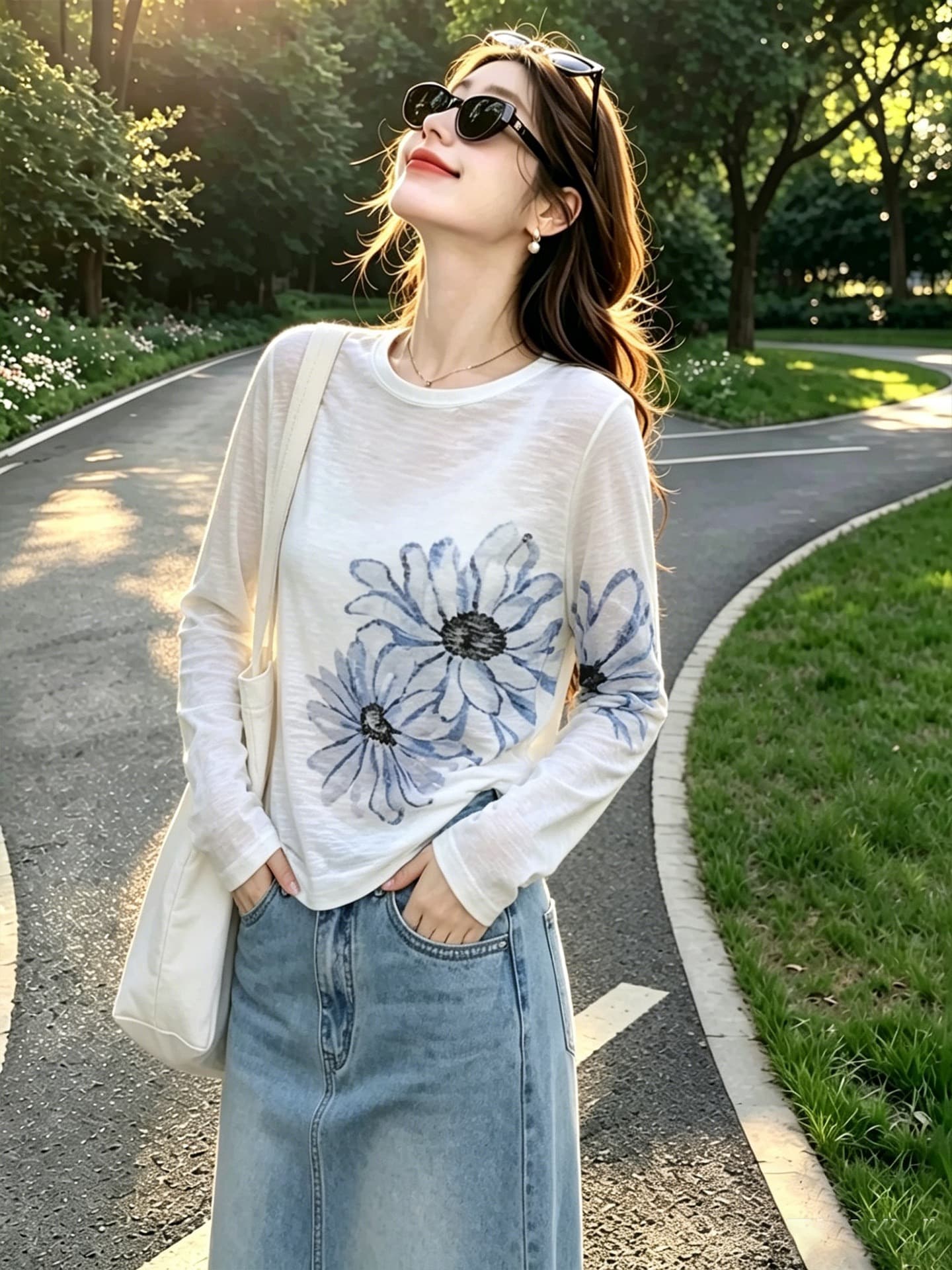 눈꽃 면 꽃 프린트 긴팔 티셔츠 라운드 넥 패션 다용도 캐주얼 루즈핏 캐주얼 블라우스 티셔츠 맨위 이미지 3