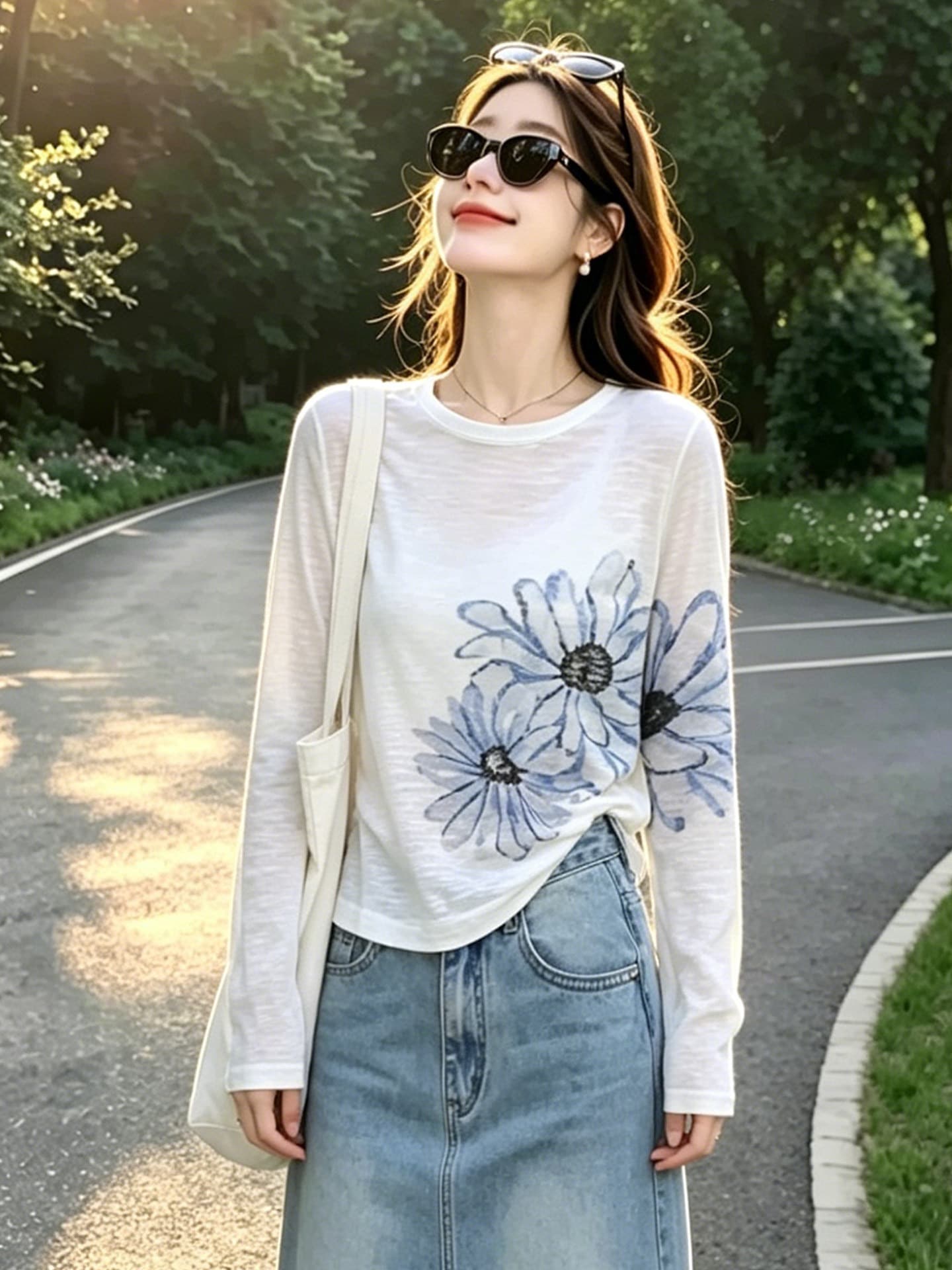 눈꽃 면 꽃 프린트 긴팔 티셔츠 라운드 넥 패션 다용도 캐주얼 루즈핏 캐주얼 블라우스 티셔츠 맨위 상세 이미지 3