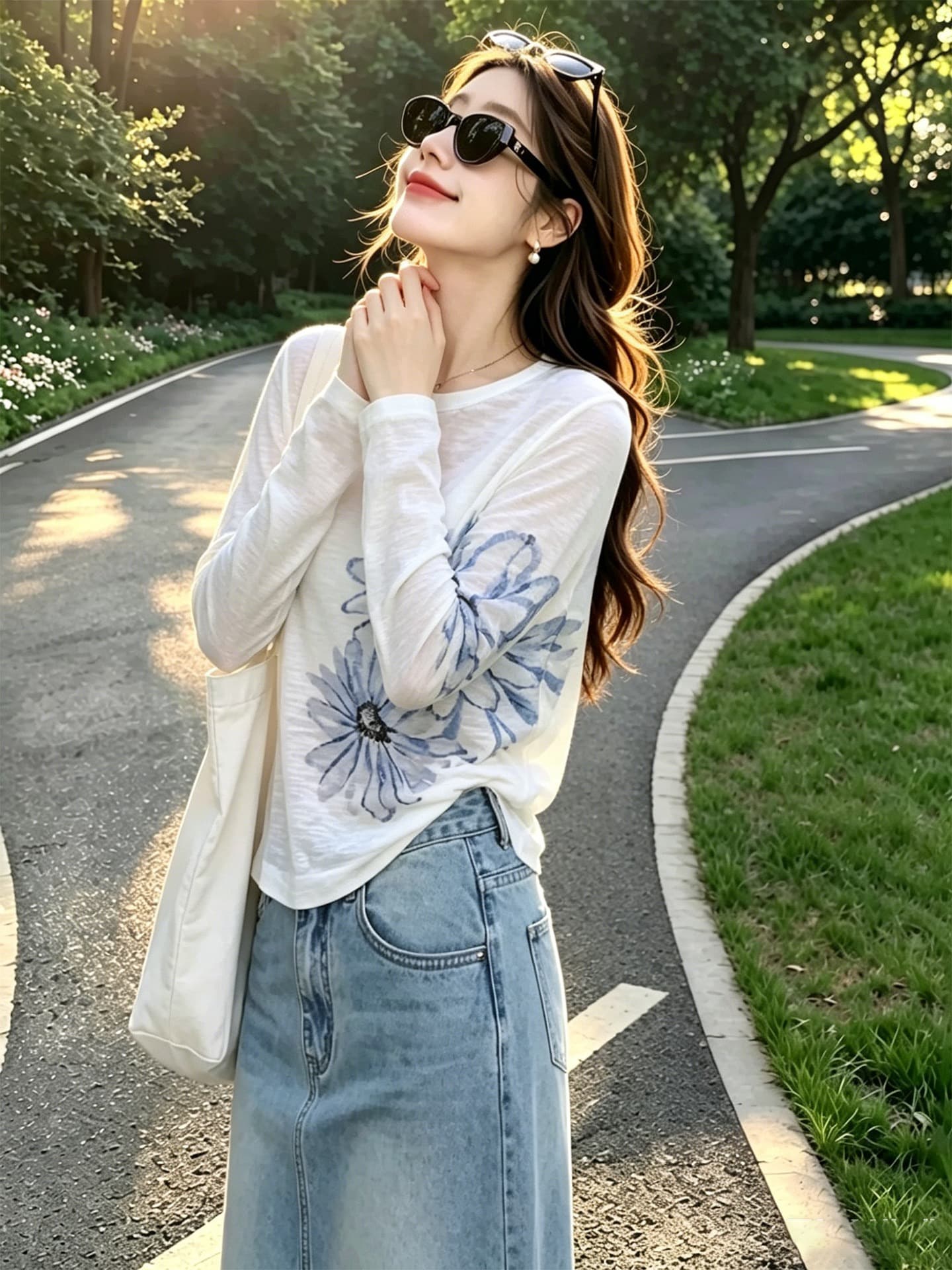 눈꽃 면 꽃 프린트 긴팔 티셔츠 라운드 넥 패션 다용도 캐주얼 루즈핏 캐주얼 블라우스 티셔츠 맨위 상세 이미지 8