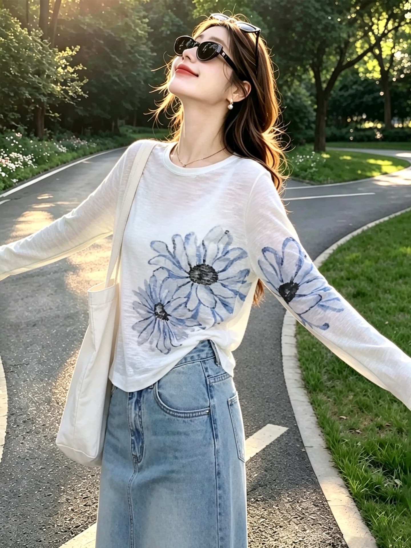 눈꽃 면 꽃 프린트 긴팔 티셔츠 라운드 넥 패션 다용도 캐주얼 루즈핏 캐주얼 블라우스 티셔츠 맨위 상세 이미지 9