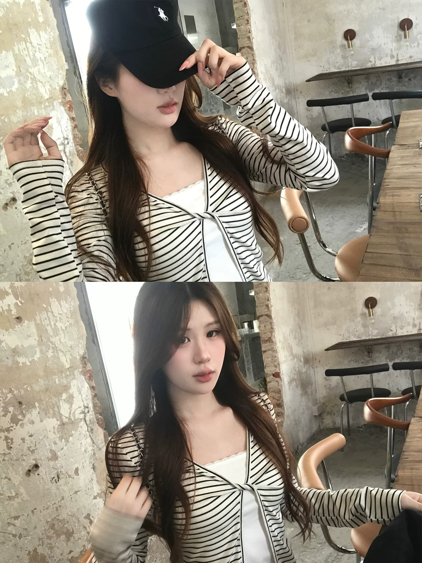 주간 실크 리브 삽입 색상 사람들 면 페이크 레이어드 페이크 레이어드 긴팔 티셔츠 여성 몸매 가꾸기 슬림해 보이는 맨위 이미지 3