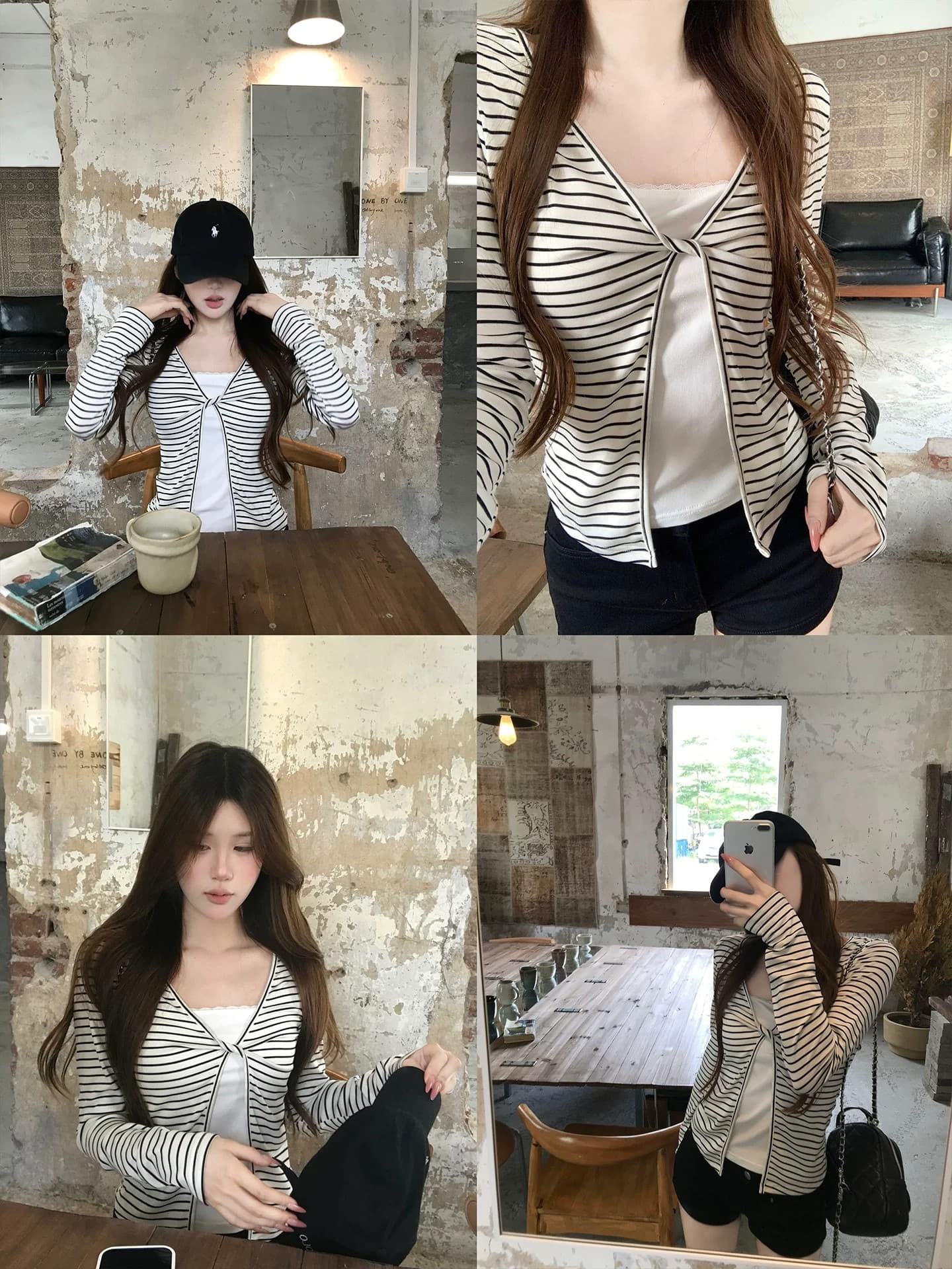 주간 실크 리브 삽입 색상 사람들 면 페이크 레이어드 페이크 레이어드 긴팔 티셔츠 여성 몸매 가꾸기 슬림해 보이는 맨위 상세 이미지 7