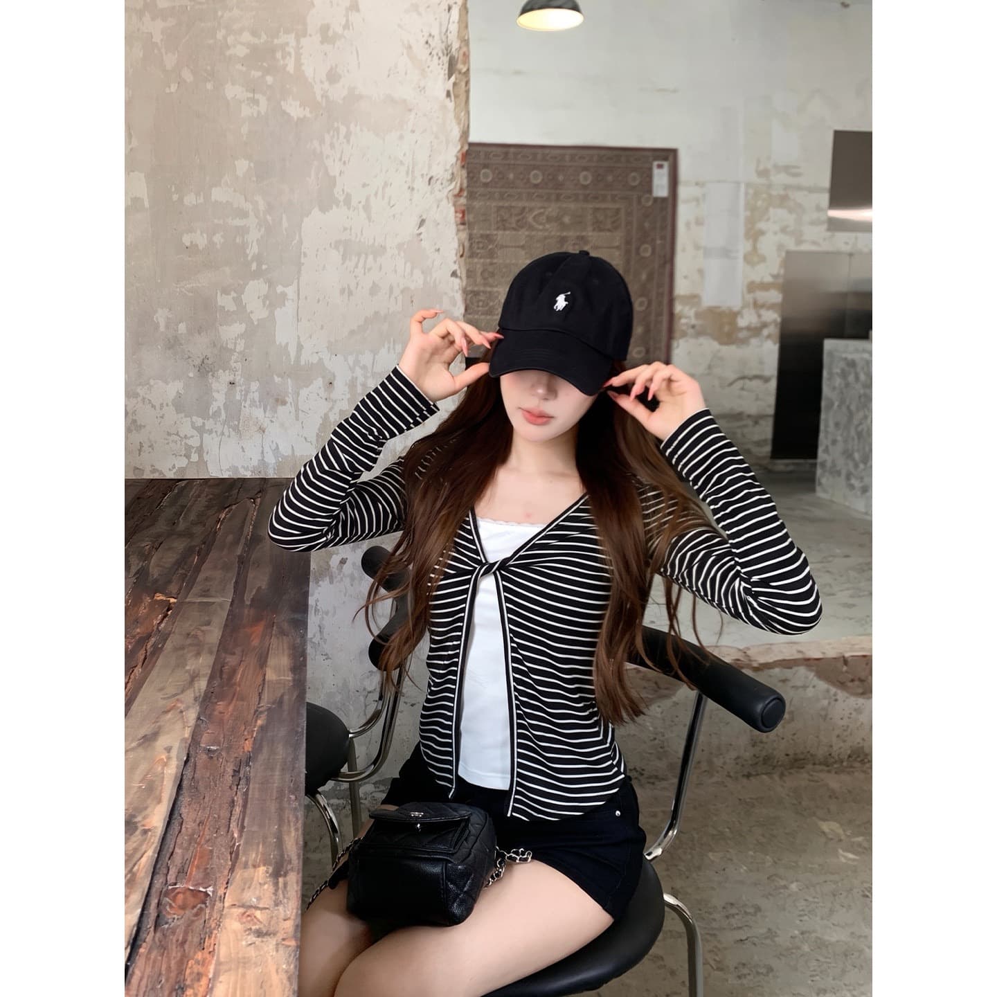 주간 실크 리브 삽입 색상 사람들 면 페이크 레이어드 페이크 레이어드 긴팔 티셔츠 여성 몸매 가꾸기 슬림해 보이는 맨위 상세 이미지 9