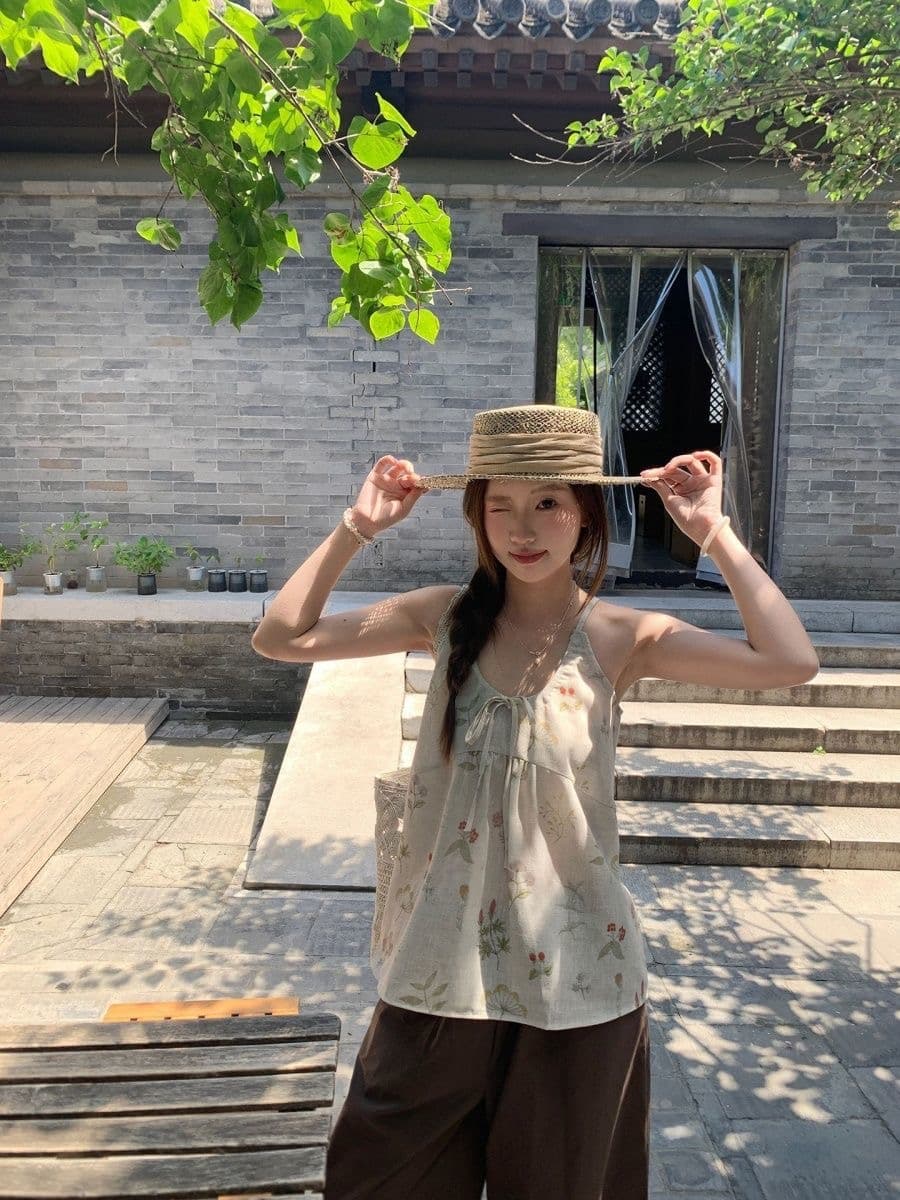새로운 중식 2026 여름 새로운 캐주얼 다용도 꽃무늬 모래 워시 아마 가슴 루즈핏 펌프 로프 캐미솔 상세 이미지 3