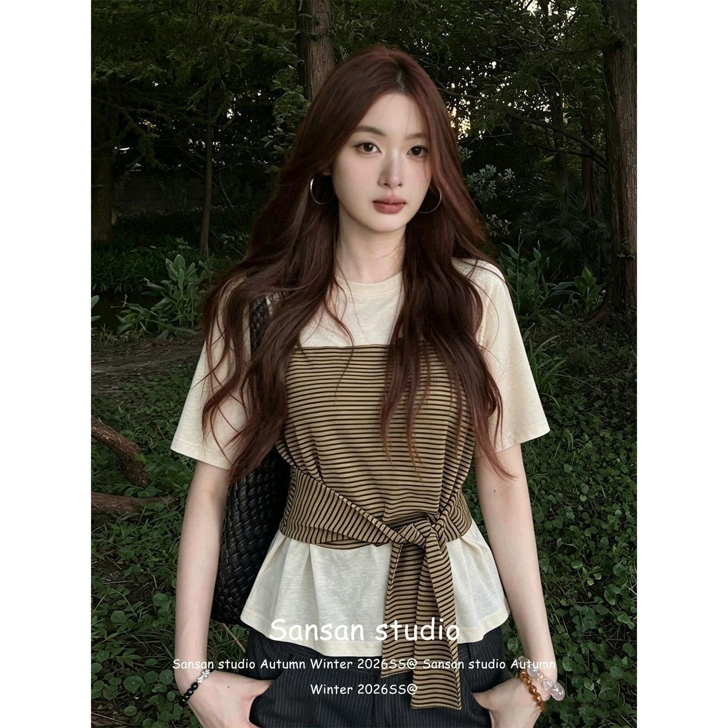 한 부서 스트라이프 반팔 티셔츠 여성 여름 착용 가져 가라. 불규칙 레이스업 tee 허리 수축 슬림해 보이는 캐주얼 디자인 센스 맨위 이미지 4