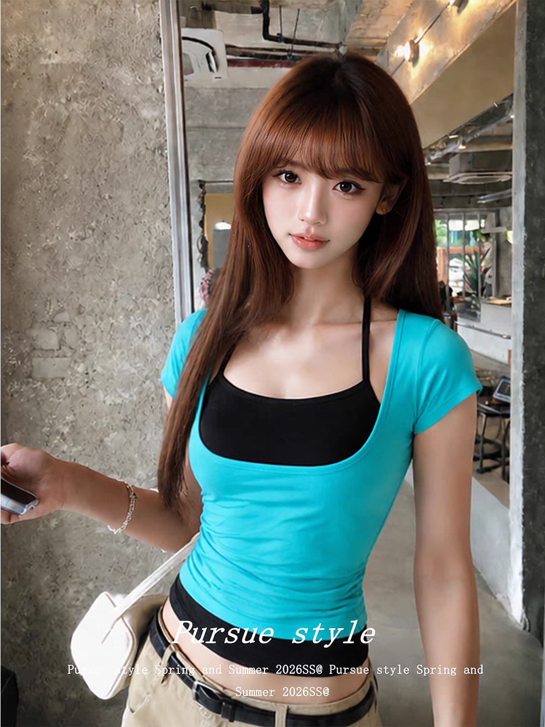 1 1 인 면 260 그램 투피스 세트 한 부서 핫걸 스택 착용 슬립 반팔 티셔츠 두 조각 여성 세트 상세 이미지 6