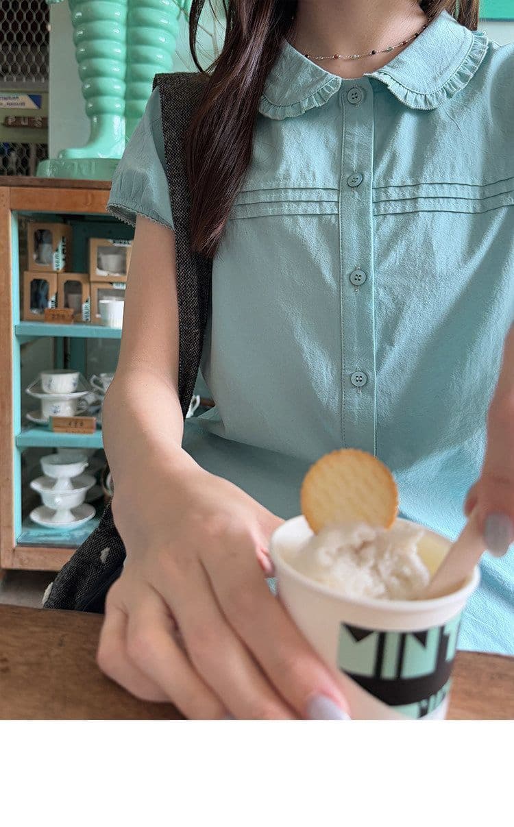 정가 순면 장기 Pleat 레이스 베이비 칼라 고급 작은 셔츠 여성 여름 시안 반팔 셔츠 맨위 상세 이미지 3